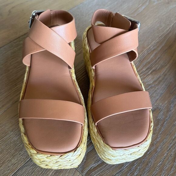 Donna Karan Pure Lolah Ankle Strap Raffia Platform Sandal In Cognac - Picture 3 of 14